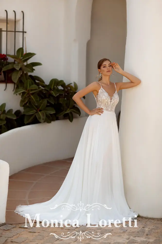 A-Linie Monica Loretti Brautmode - Hochzeitskleid in italienischem Design 07006 Brautkleid mit schmalen Trägern