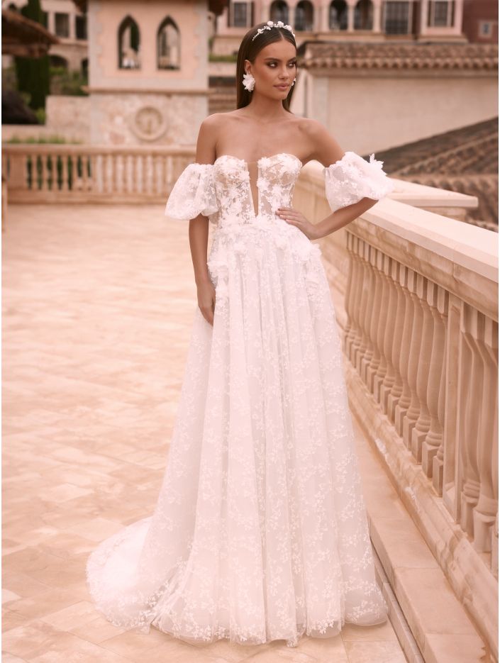 Princess Bianco Evento Brautmode, Braut Schuhe und Braut Accessoires 01094 Brautkleid mit Puffärmel