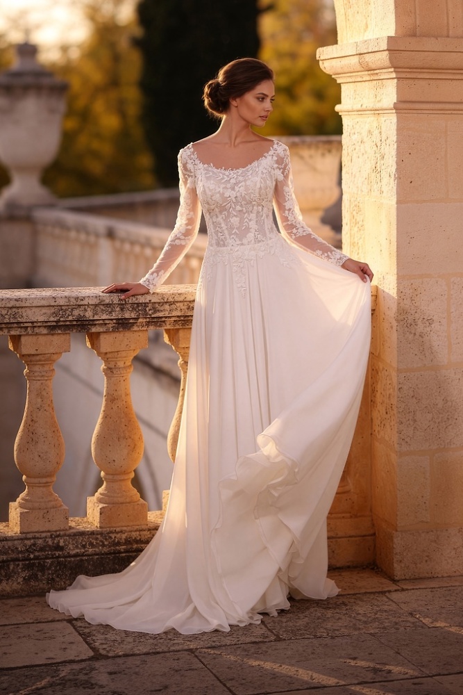 A-Linie Monica Loretti Brautmode - Hochzeitskleid in italienischem Design 07071A Brautkleid in A-Linie langarm