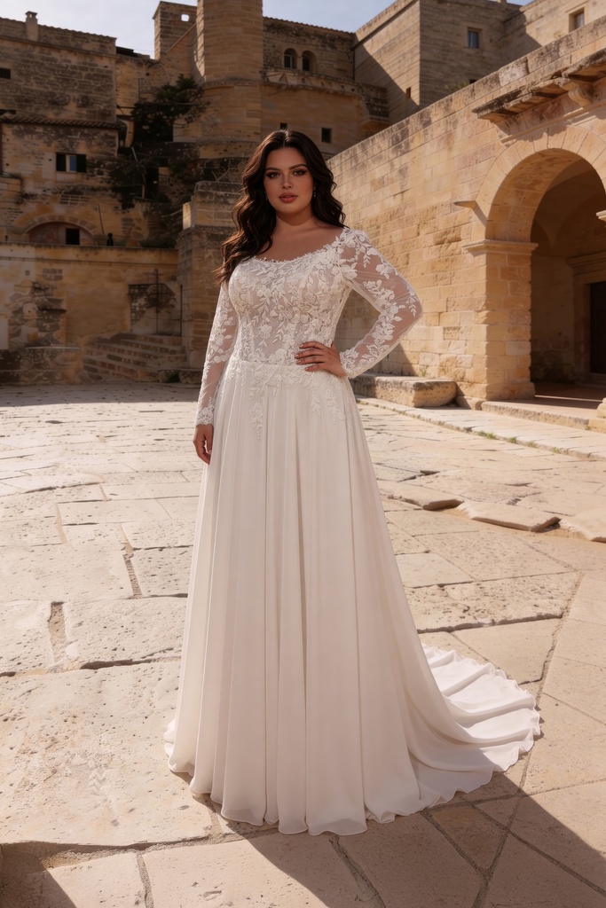 A-Linie Monica Loretti Brautmode - Hochzeitskleid in italienischem Design 07071B Brautkleid in A-Linie langarm