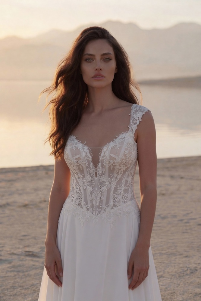 A-Linie Monica Loretti Brautmode - Hochzeitskleid in italienischem Design 07072A Brautkleid in A-Linie Chiffon