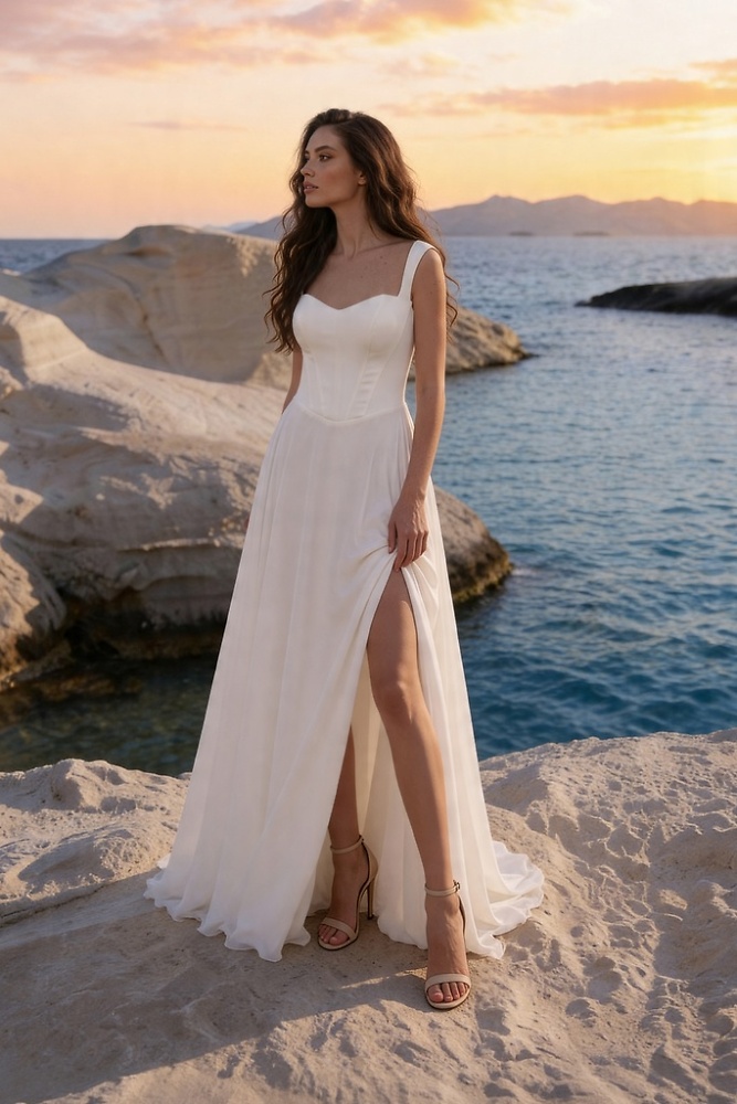 A-Linie Monica Loretti Brautmode - Hochzeitskleid in italienischem Design 07073A Brautkleid in A-Linie Chiffon
